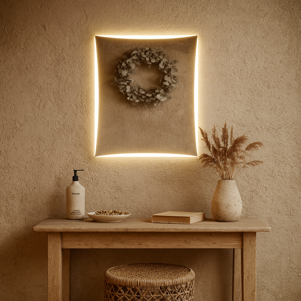 Lüks Kavisli LED Ayna – Modern Işıklı Duvar Aynası | Sıcak Işıklı Dekoratif Tasarım