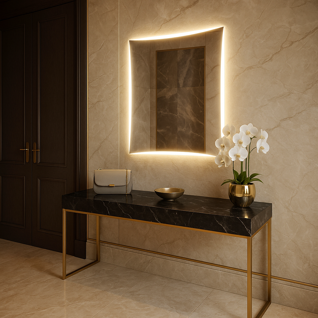 Lüks Kavisli LED Ayna – Modern Işıklı Duvar Aynası | Sıcak Işıklı Dekoratif Tasarım