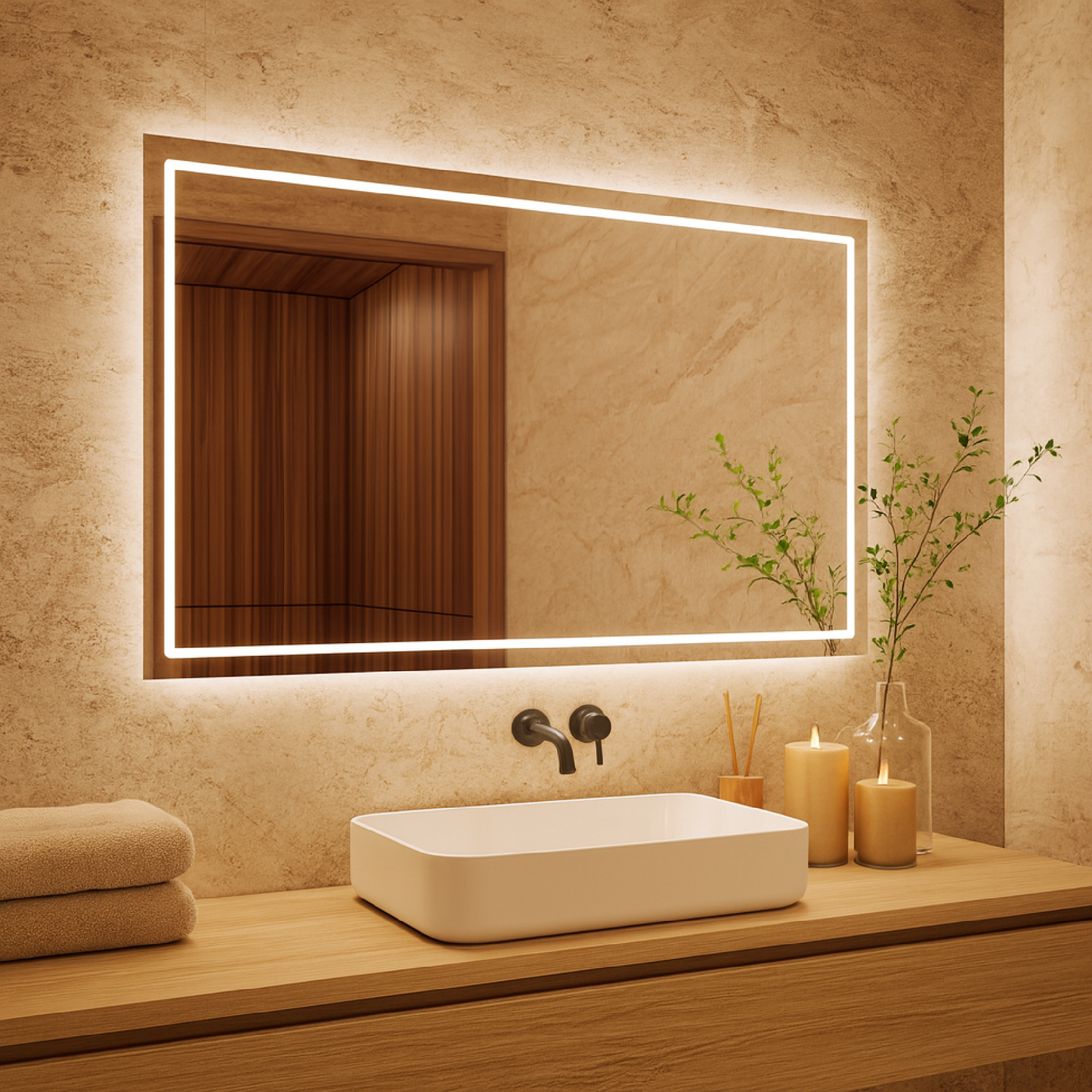 Dikdörtgen LED Banyo Aynası – Modern Işıklı Ayna | Sıcak/Soğuk LED & Dokunmatik Seçenek