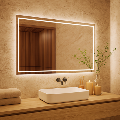 Dikdörtgen LED Banyo Aynası – Modern Işıklı Ayna | Sıcak/Soğuk LED & Dokunmatik Seçenek