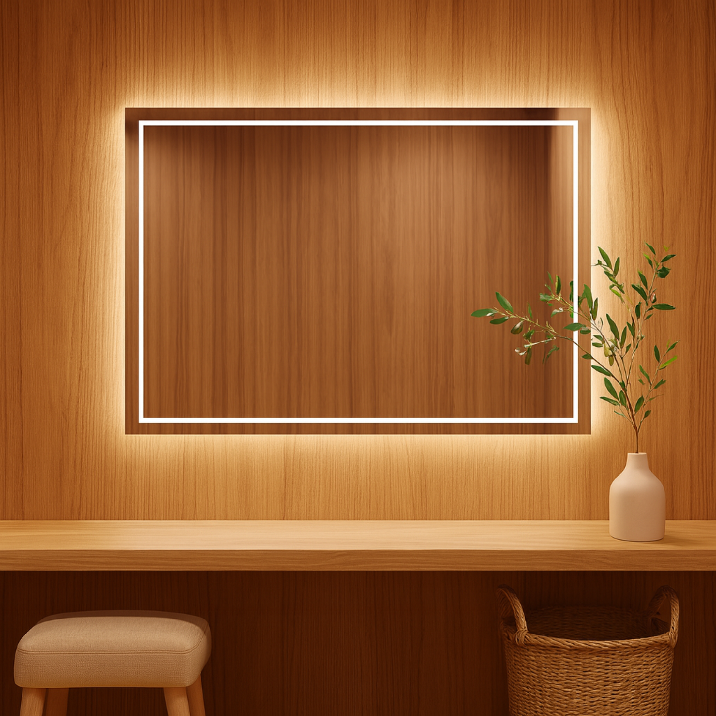 Dikdörtgen LED Banyo Aynası – Modern Işıklı Ayna | Sıcak/Soğuk LED & Dokunmatik Seçenek