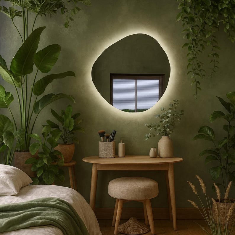 Organik Form LED Banyo Aynası – Modern Aydınlatmalı Dekoratif Ayna, Arkadan Işıklı Tasarım