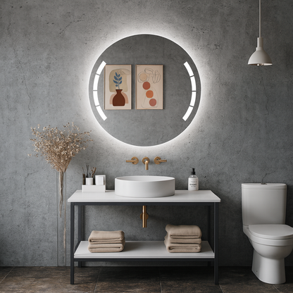 Yuvarlak LED Işıklı Banyo Aynası – Geometrik Kesim Modern Tasarım