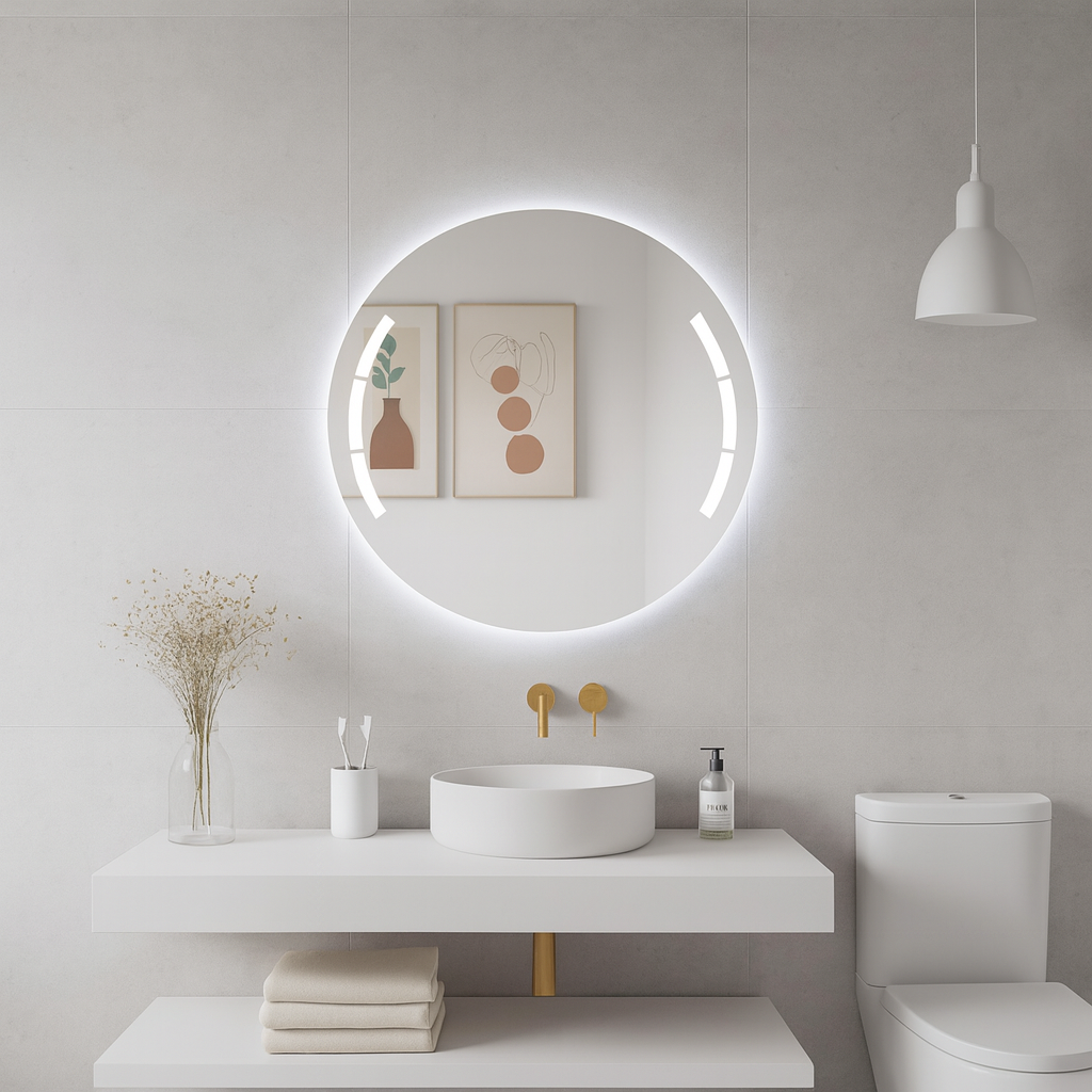 Yuvarlak LED Işıklı Banyo Aynası – Geometrik Kesim Modern Tasarım