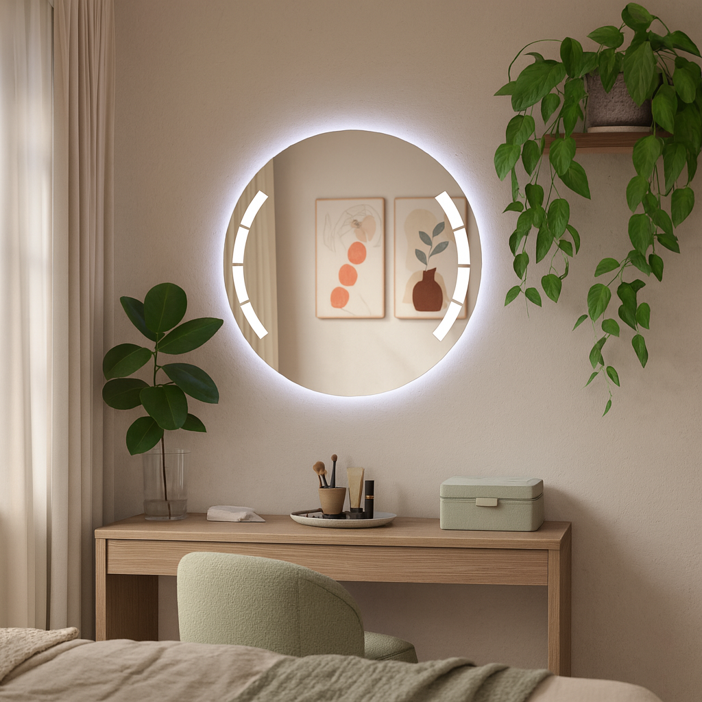 Yuvarlak LED Işıklı Banyo Aynası – Geometrik Kesim Modern Tasarım