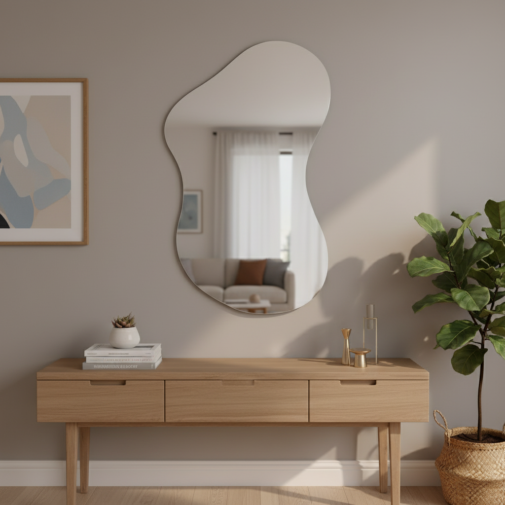 Asimetrik Organik Ayna Modeli – Modern Frameless Banyo Aynası & Dekoratif Duvar Aynası