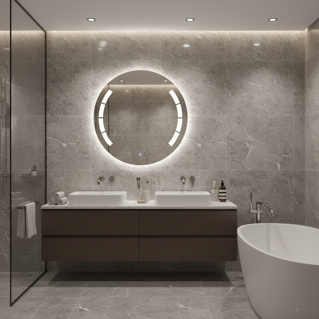 Yuvarlak LED Işıklı Banyo Aynası – Geometrik Kesim Modern Tasarım