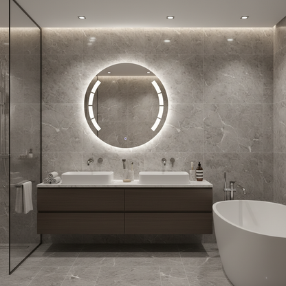 Yuvarlak LED Işıklı Banyo Aynası – Geometrik Kesim Modern Tasarım