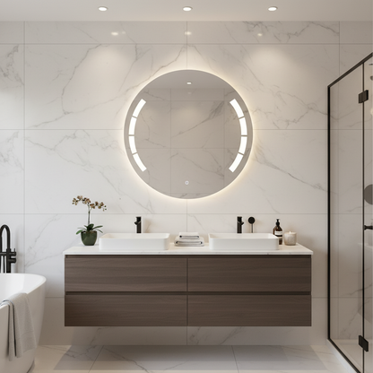 Yuvarlak LED Işıklı Banyo Aynası – Geometrik Kesim Modern Tasarım