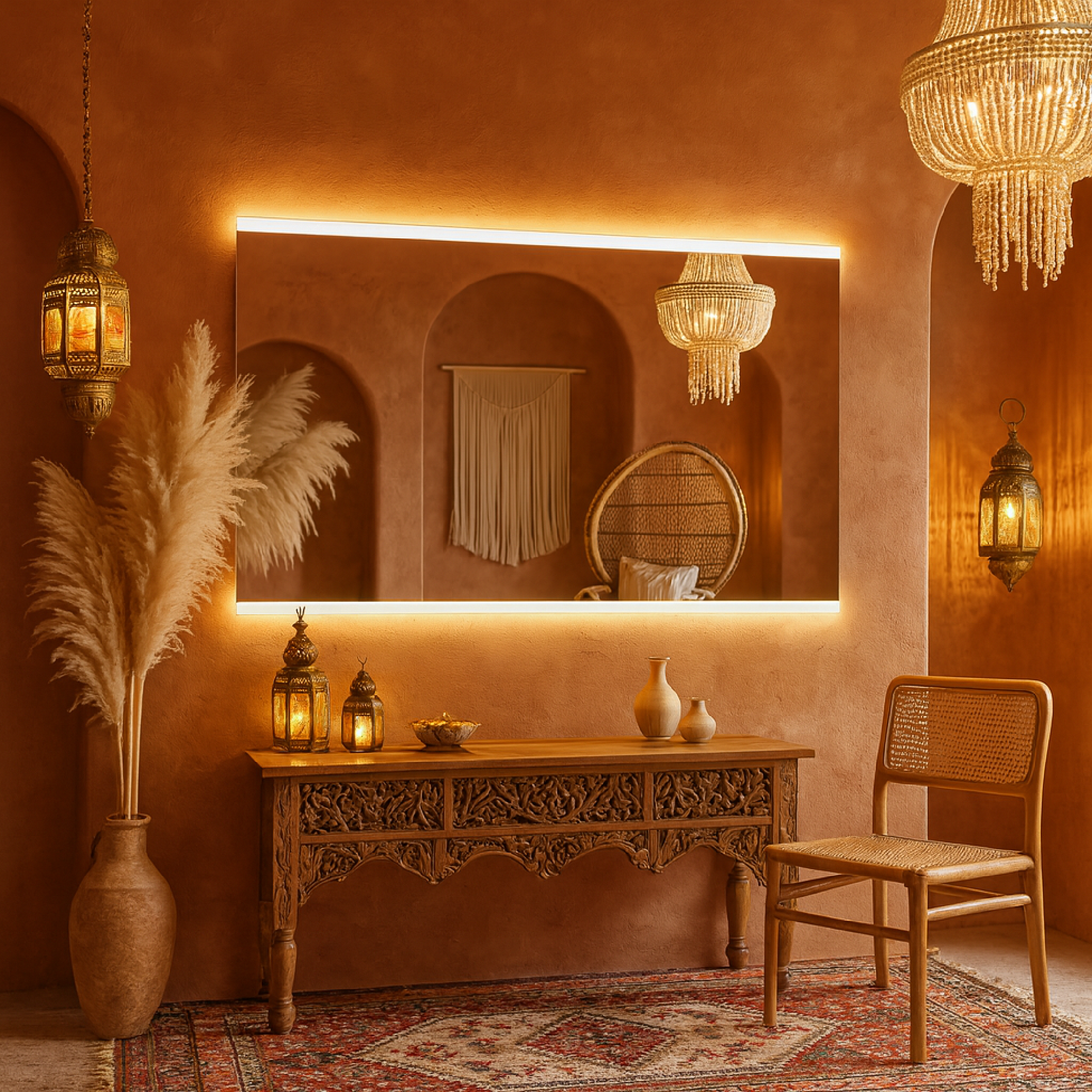 Minimal Dikdörtgen LED Backlit Ayna – Sıcak Işıklı Banyo Dekorasyon Aynası