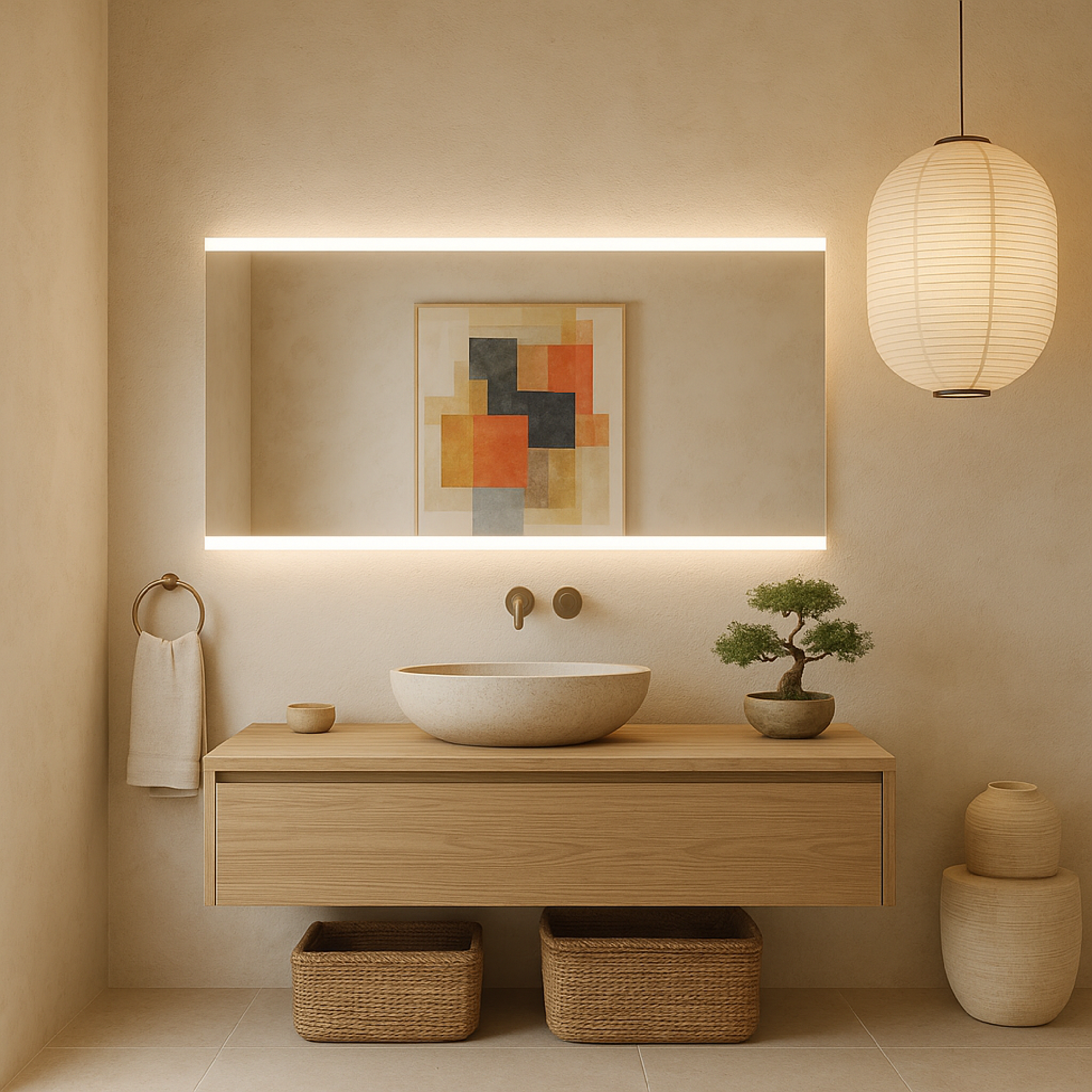 Minimal Dikdörtgen LED Backlit Ayna – Sıcak Işıklı Banyo Dekorasyon Aynası