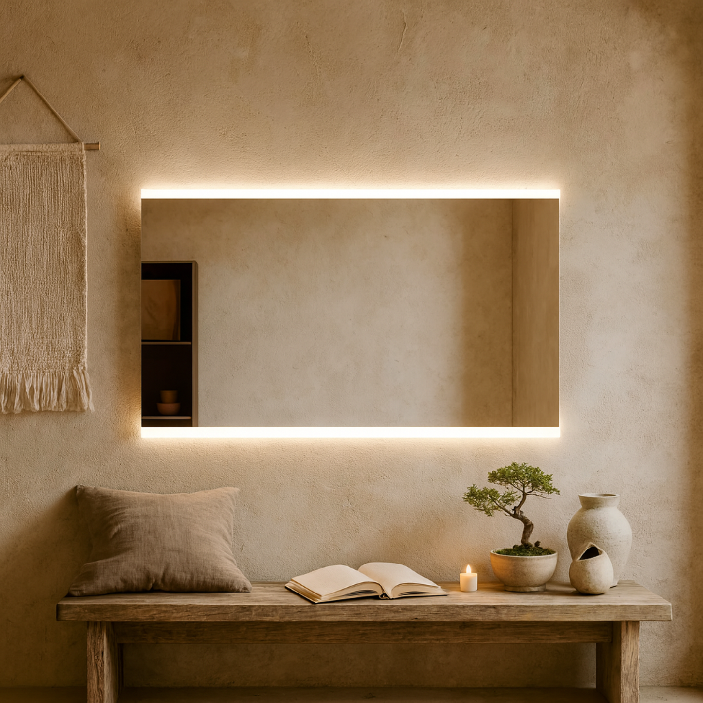 Minimal Dikdörtgen LED Backlit Ayna – Sıcak Işıklı Banyo Dekorasyon Aynası