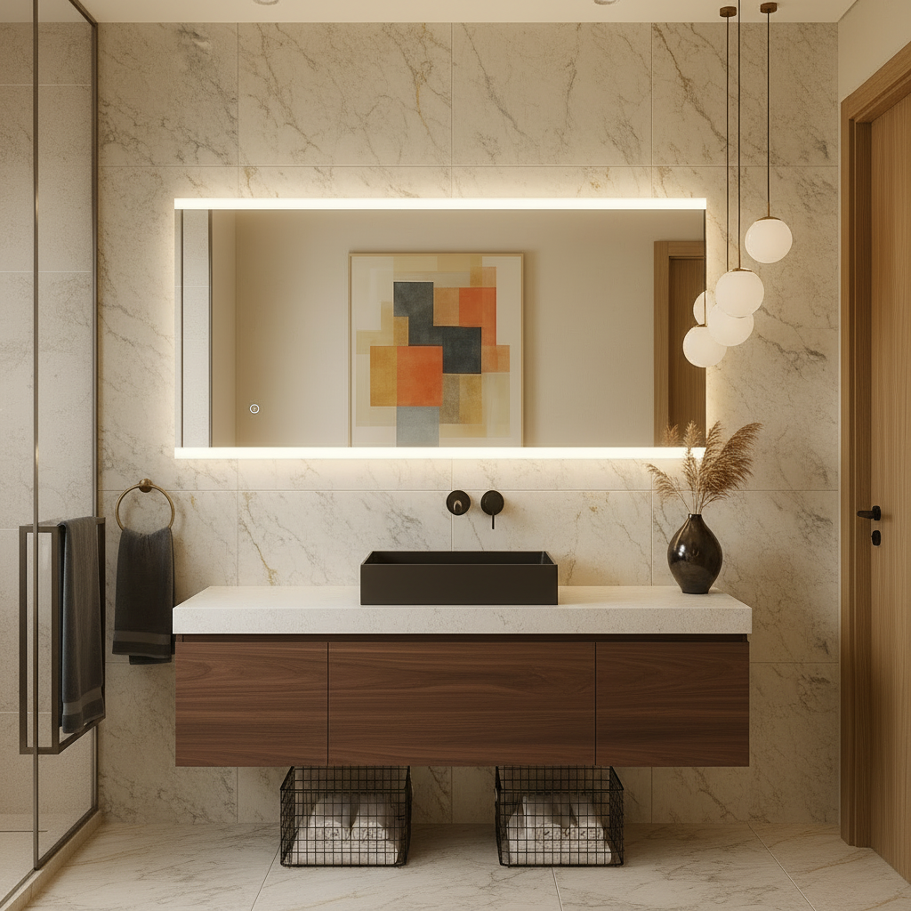 Minimal Dikdörtgen LED Backlit Ayna – Sıcak Işıklı Banyo Dekorasyon Aynası