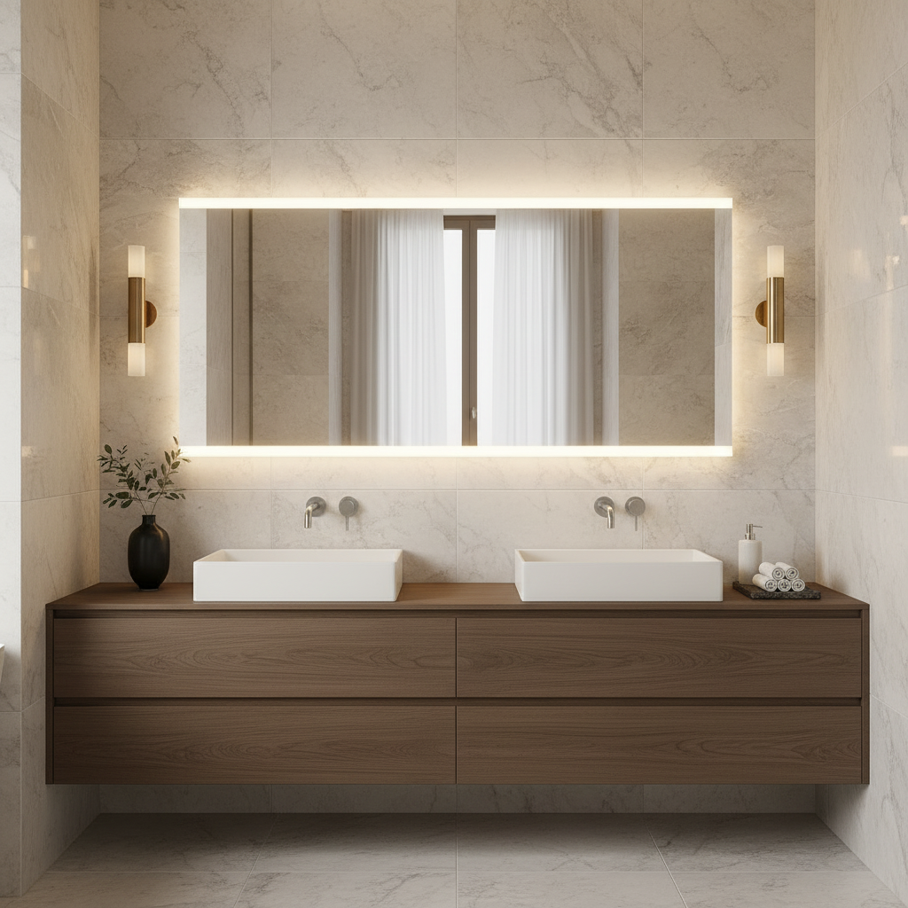 Minimal Dikdörtgen LED Backlit Ayna – Sıcak Işıklı Banyo Dekorasyon Aynası