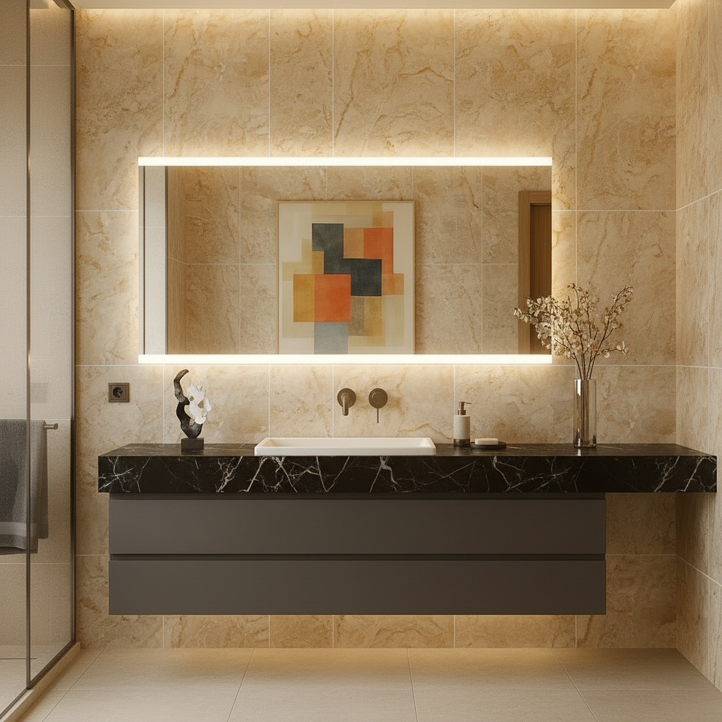 Minimal Dikdörtgen LED Backlit Ayna – Sıcak Işıklı Banyo Dekorasyon Aynası