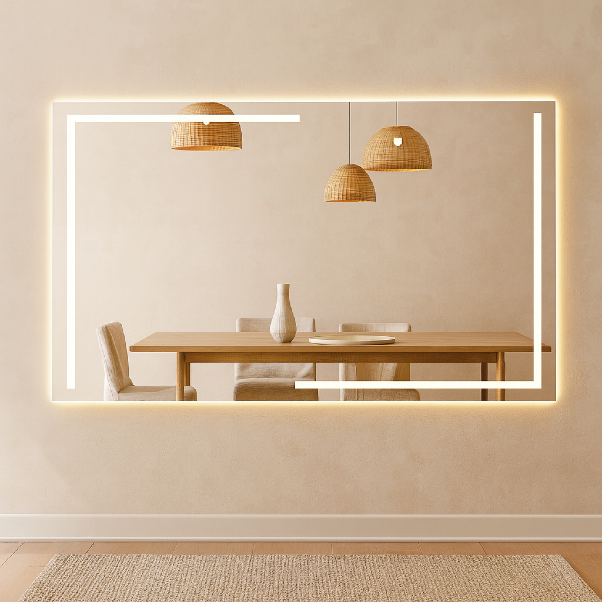 Lüks Geometrik LED Işıklı Ayna – Minimalist Siyah ve Altın Işık Efektli Dikdörtgen Ayna