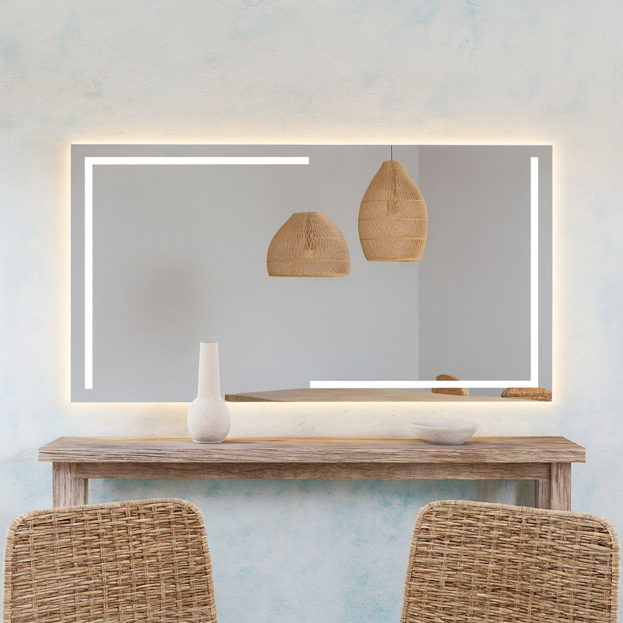 Lüks Geometrik LED Işıklı Ayna – Minimalist Siyah ve Altın Işık Efektli Dikdörtgen Ayna