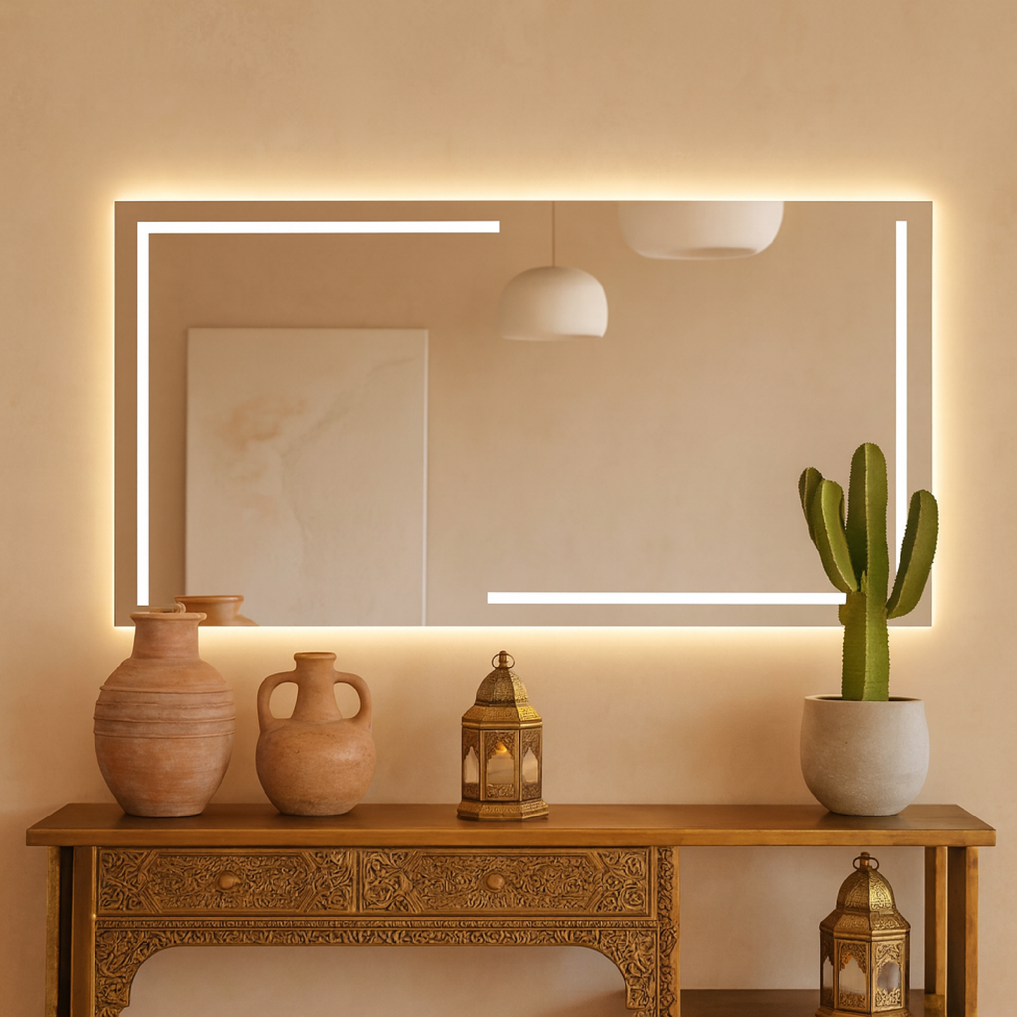Lüks Geometrik LED Işıklı Ayna – Minimalist Siyah ve Altın Işık Efektli Dikdörtgen Ayna