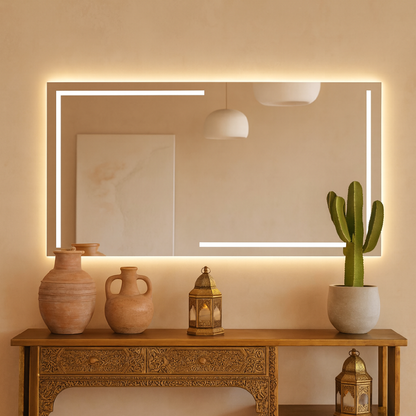 Lüks Geometrik LED Işıklı Ayna – Minimalist Siyah ve Altın Işık Efektli Dikdörtgen Ayna