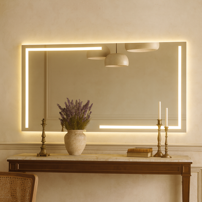 Lüks Geometrik LED Işıklı Ayna – Minimalist Siyah ve Altın Işık Efektli Dikdörtgen Ayna