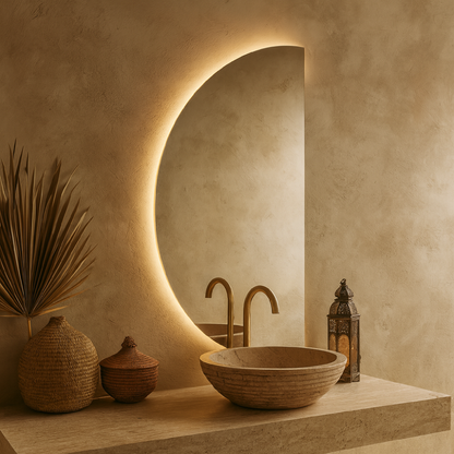 Yarım Ay LED Banyo Aynası – Modern Arkadan Aydınlatmalı Ayna, Dekoratif Minimal Tasarım Aydınlatmalı Ayna