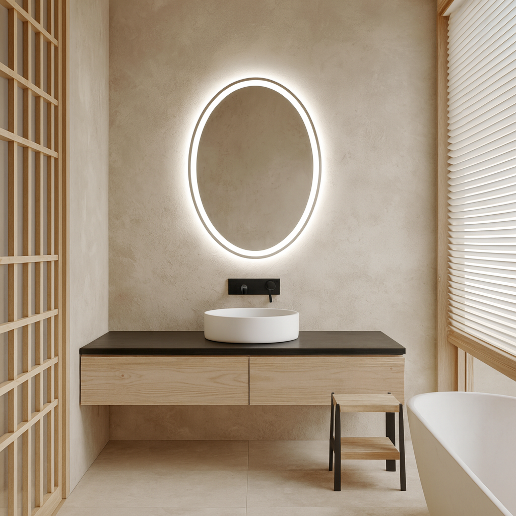Modern Oval LED Aydınlatmalı Ayna – Minimalist Işıklı Duvar Aynası