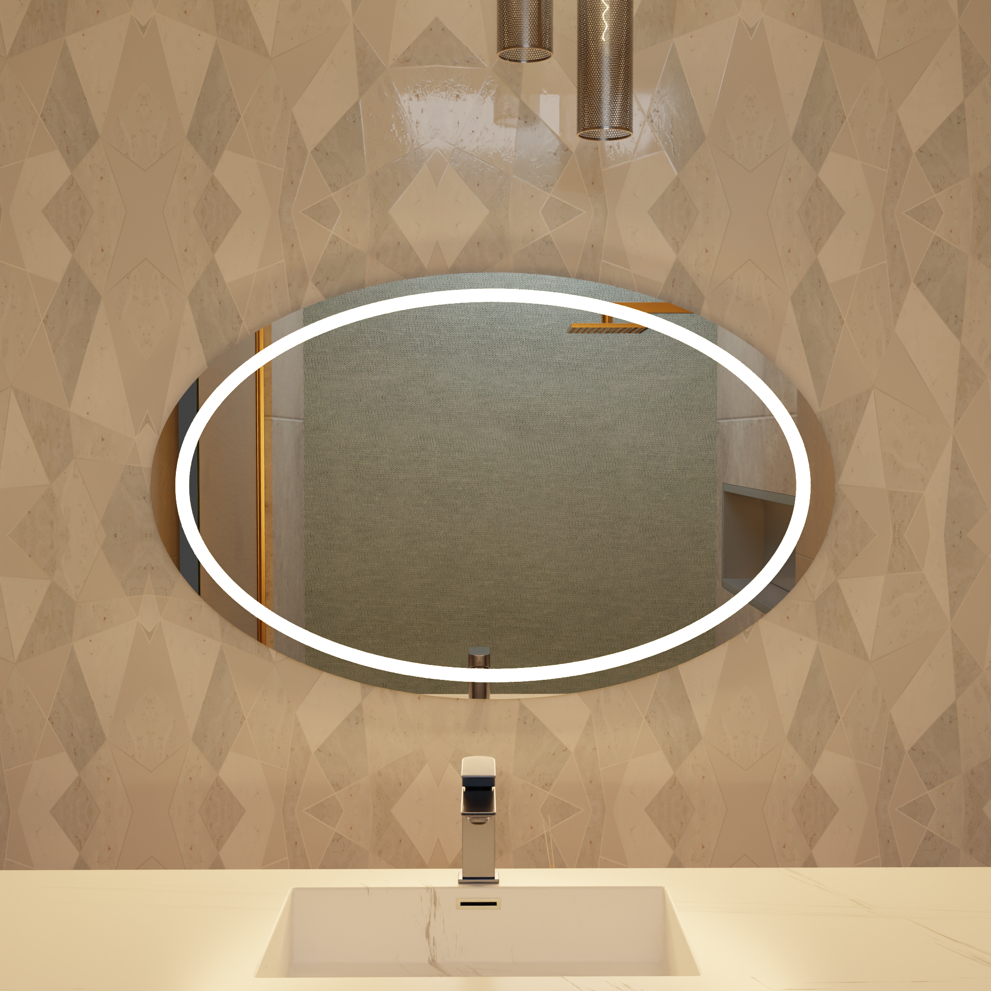 Modern Oval LED Aydınlatmalı Ayna – Minimalist Işıklı Duvar Aynası