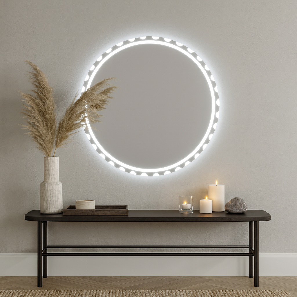 Dekoratif LED Yuvarlak Ayna – Modern Işıklı Duvar Aynası, Banyo ve Antre İçin Tasarım Aydınlatmalı Ayna