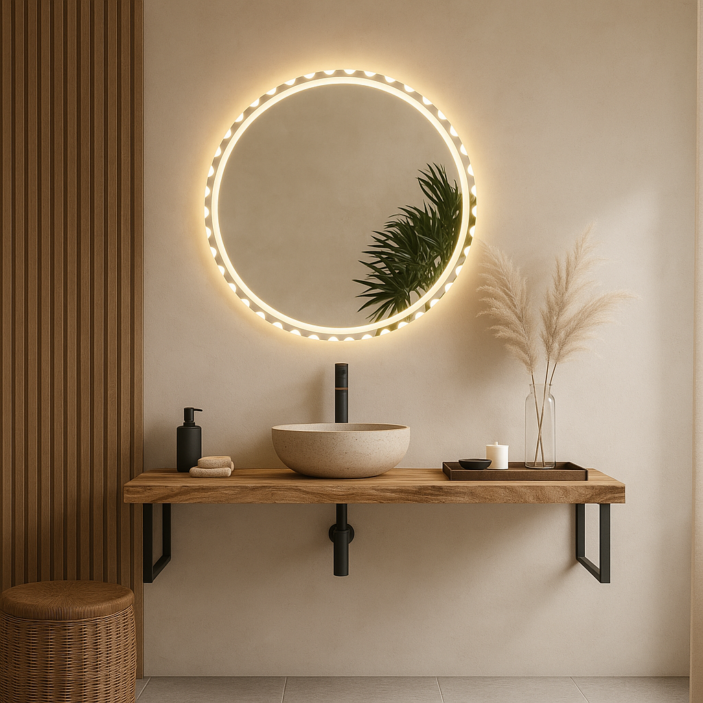 Dekoratif LED Yuvarlak Ayna – Modern Işıklı Duvar Aynası, Banyo ve Antre İçin Tasarım Aydınlatmalı Ayna