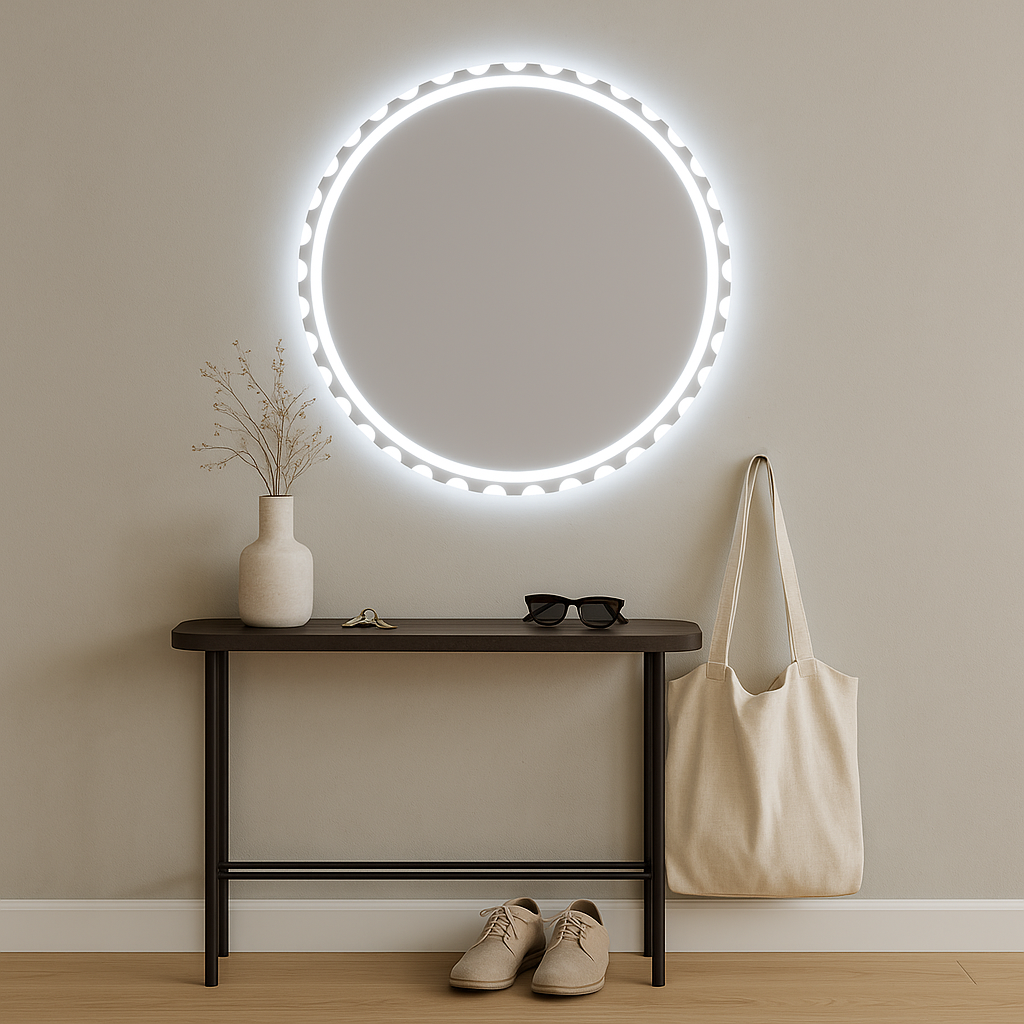 Dekoratif LED Yuvarlak Ayna – Modern Işıklı Duvar Aynası, Banyo ve Antre İçin Tasarım Aydınlatmalı Ayna