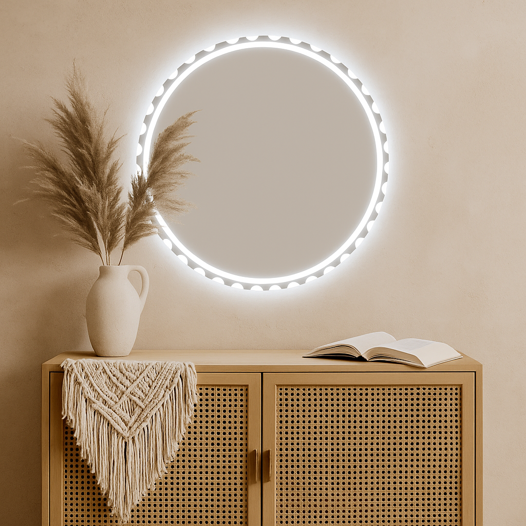 Dekoratif LED Yuvarlak Ayna – Modern Işıklı Duvar Aynası, Banyo ve Antre İçin Tasarım Aydınlatmalı Ayna