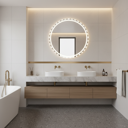 Dekoratif LED Yuvarlak Ayna – Modern Işıklı Duvar Aynası, Banyo ve Antre İçin Tasarım Aydınlatmalı Ayna