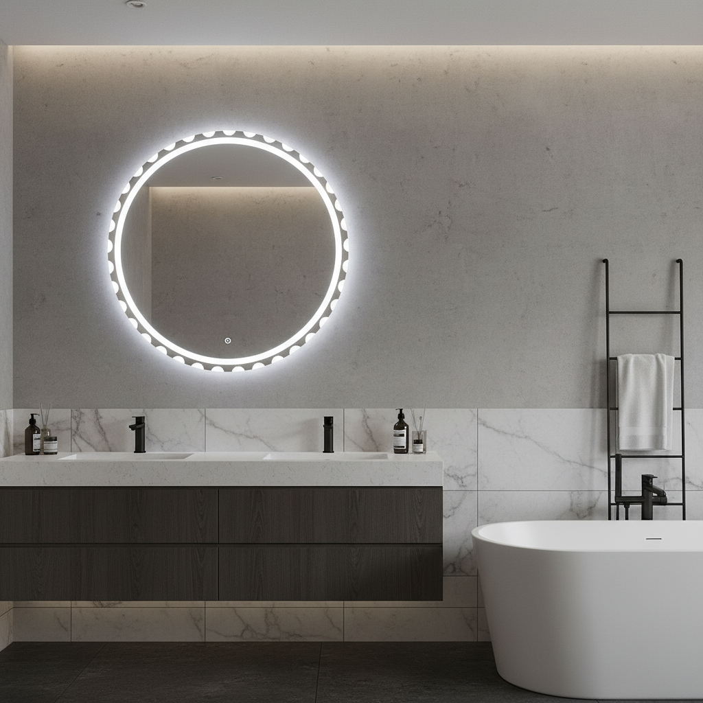 Dekoratif LED Yuvarlak Ayna – Modern Işıklı Duvar Aynası, Banyo ve Antre İçin Tasarım Aydınlatmalı Ayna