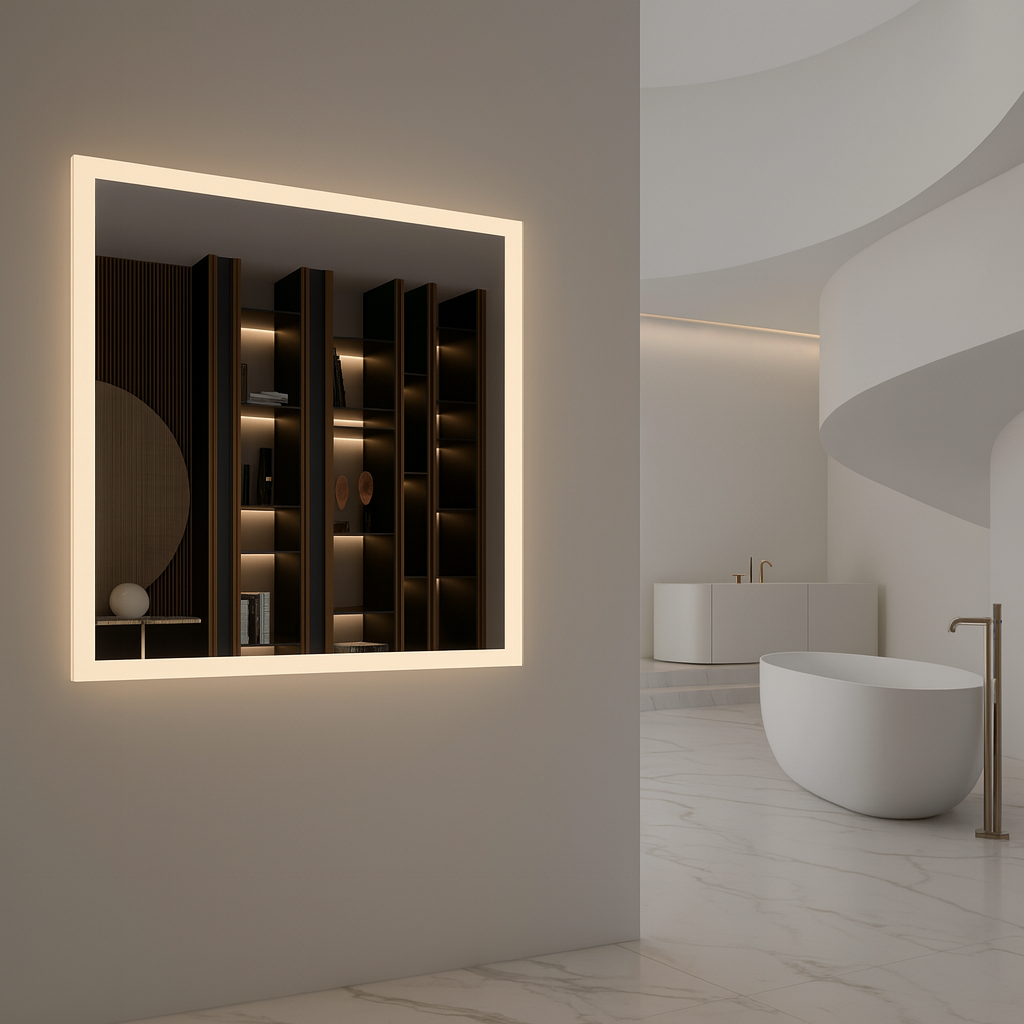 Modern Kare LED Aydınlatmalı Banyo Aynası – Sıcak Işıklı Arka Aydınlatmalı Tasarım