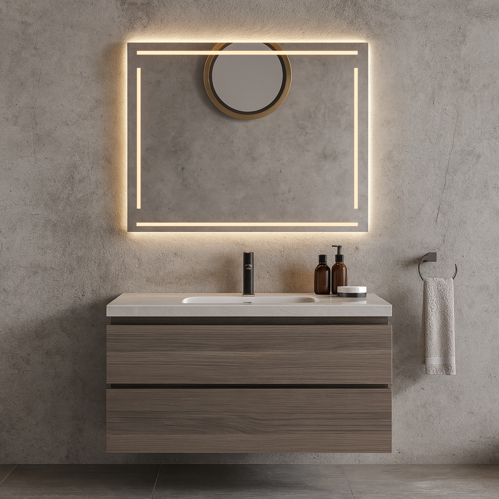 Geometrik Çizgili LED Banyo Aynası – Modern Dikdörtgen Işıklı Duvar Aynası