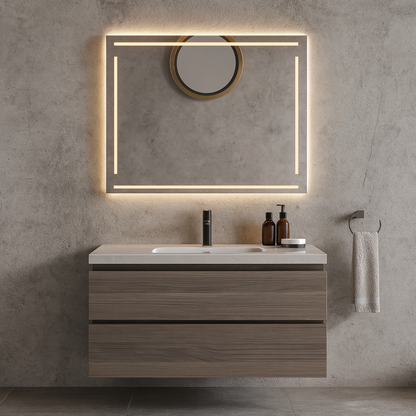 Geometrik Çizgili LED Banyo Aynası – Modern Dikdörtgen Işıklı Duvar Aynası