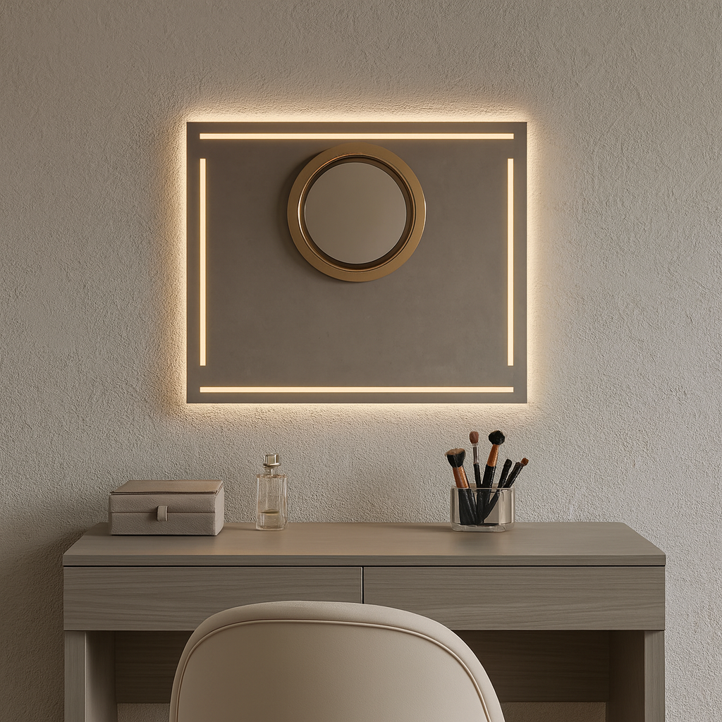 Geometrik Çizgili LED Banyo Aynası – Modern Dikdörtgen Işıklı Duvar Aynası
