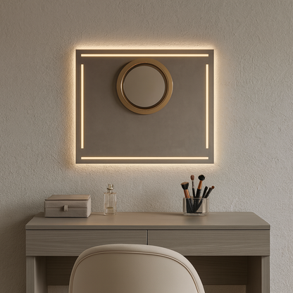 Geometrik Çizgili LED Banyo Aynası – Modern Dikdörtgen Işıklı Duvar Aynası