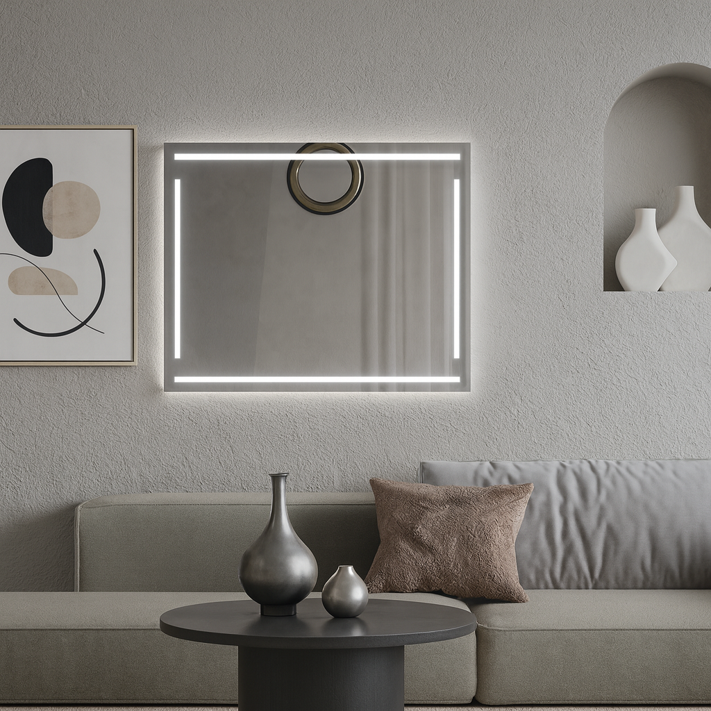Geometrik Çizgili LED Banyo Aynası – Modern Dikdörtgen Işıklı Duvar Aynası