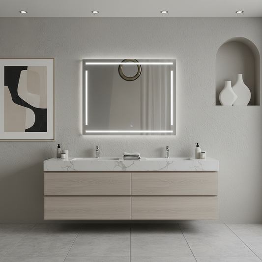 Geometrik Çizgili LED Banyo Aynası – Modern Dikdörtgen Işıklı Duvar Aynası
