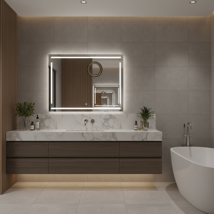 Geometrik Çizgili LED Banyo Aynası – Modern Dikdörtgen Işıklı Duvar Aynası