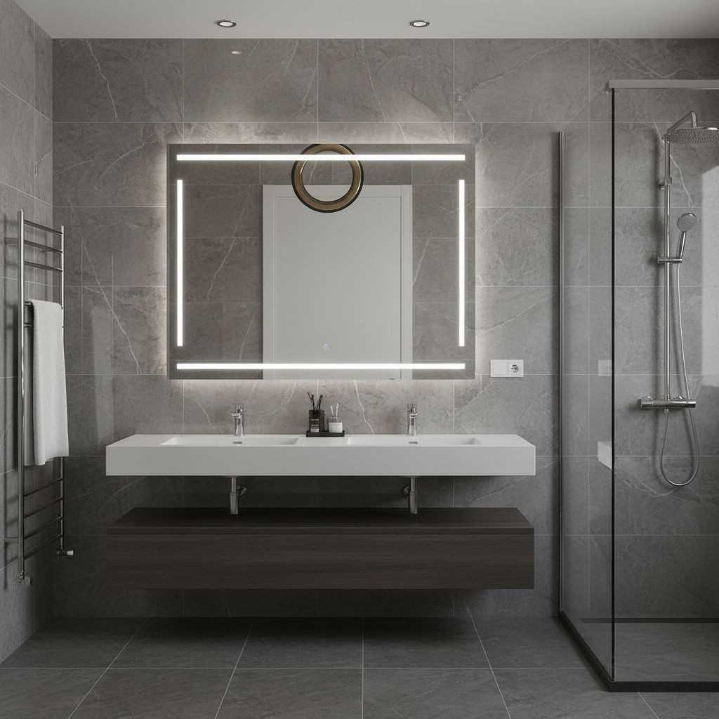 Geometrik Çizgili LED Banyo Aynası – Modern Dikdörtgen Işıklı Duvar Aynası