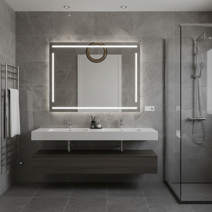 Geometrik Çizgili LED Banyo Aynası – Modern Dikdörtgen Işıklı Duvar Aynası