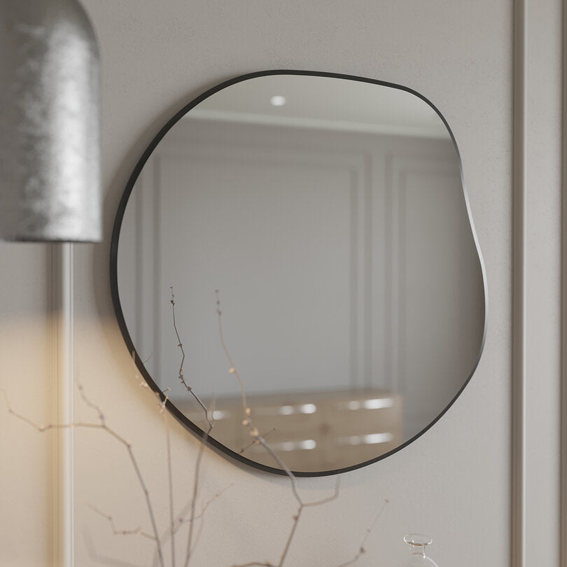 Modern Asimetrik Duvar Aynası – Organik Form Yuvarlak Banyo Aynası Çerçeveli | Dekoratif Minimal Ayna