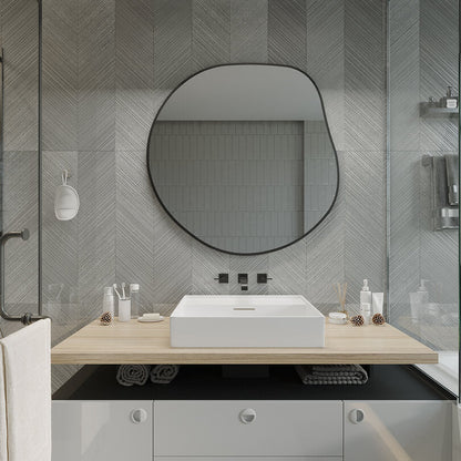 Modern Asimetrik Duvar Aynası – Organik Form Yuvarlak Banyo Aynası Çerçeveli | Dekoratif Minimal Ayna