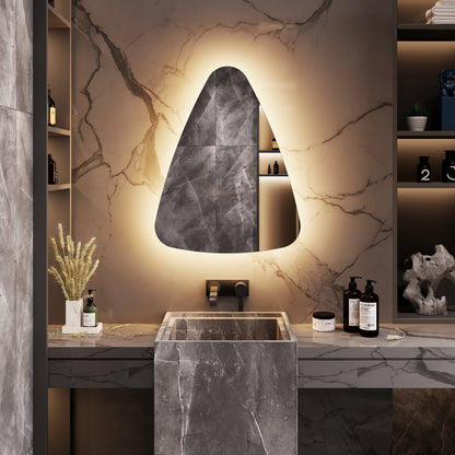 Modern Asimetrik LED Ayna – Mermer Banyo İçin Dekoratif Tasarım Duvar Aynası | Sıcak/Soğuk Işıklı Lüks Aydınlatmalı Ayna