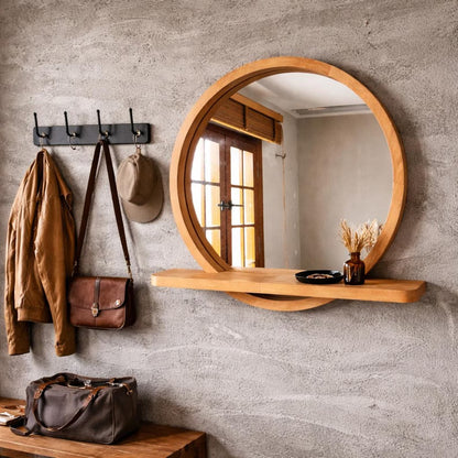 Raflı Masif Kayın Ağacı Yuvarlak Ayna – İskandinav Tarzı Antre ve Banyo Aynası