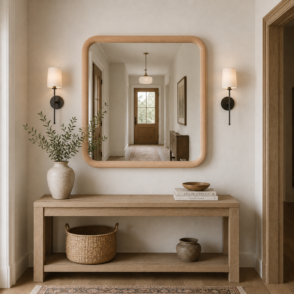 Kare Ahşap Çerçeveli Ayna, Yuvarlatılmış Köşeli Duvar Aynası, Masif Kayın Banyo Aynası, Antre ve Makyaj Aynası