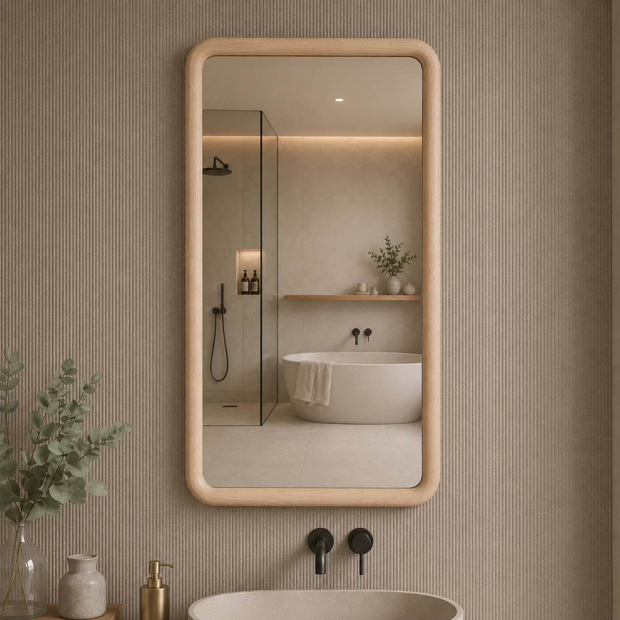 Yuvarlatılmış Köşeli Dikdörtgen Duvar Aynası, Ahşap Çerçeveli Ayna, Masif Kayın Ağacı Banyo Lavabo Aynası