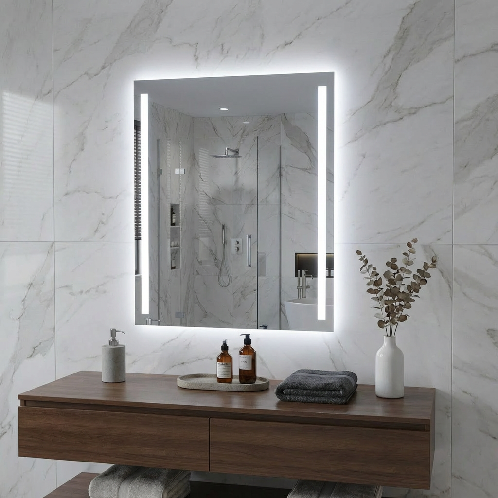 Modern Strip LED Ayna – Dikey Işıklı Minimal Tasarım Duvar Aynası